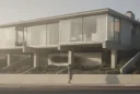Editorial photograph from a public sidewalk in Newport Beach, California, looking toward an early modernist coastal.