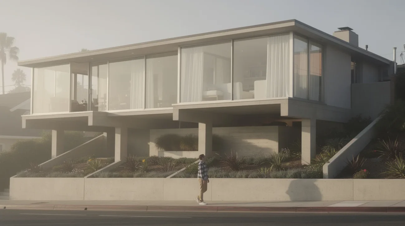 Editorial photograph from a public sidewalk in Newport Beach, California, looking toward an early modernist coastal.