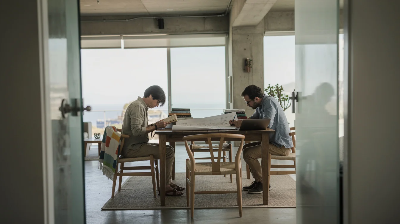 Editorial photograph inside an occupied concrete-and-glass coastal home in Southern California: a resident reads at.