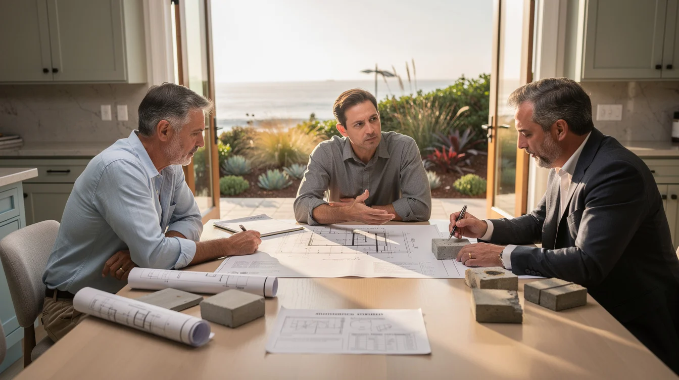 Editorial photograph of a conservation planning meeting in a Newport Beach residential interior. A homeowner, conservation.