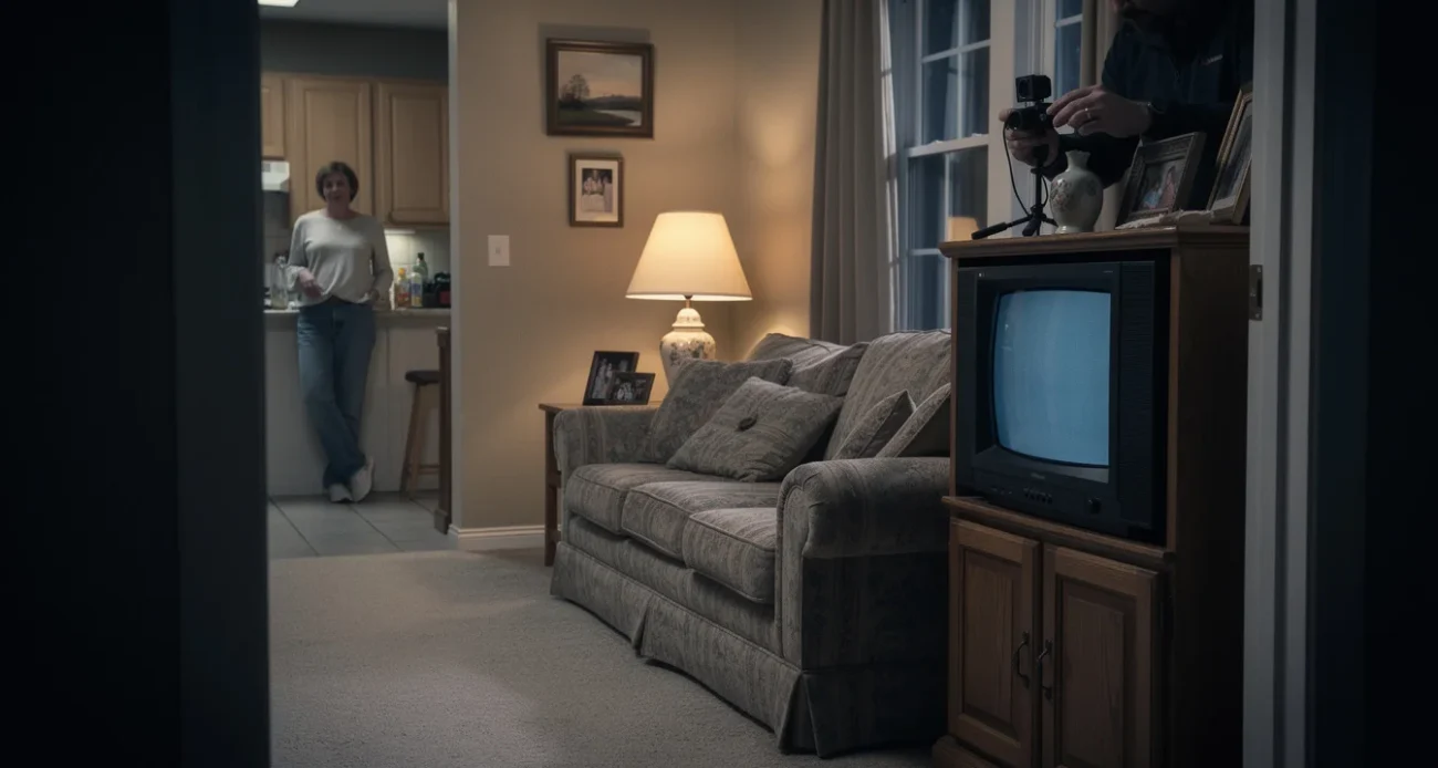 Editorial photograph of a staged early-2000s American suburban living room, beige carpet, patterned sofa, oak television.