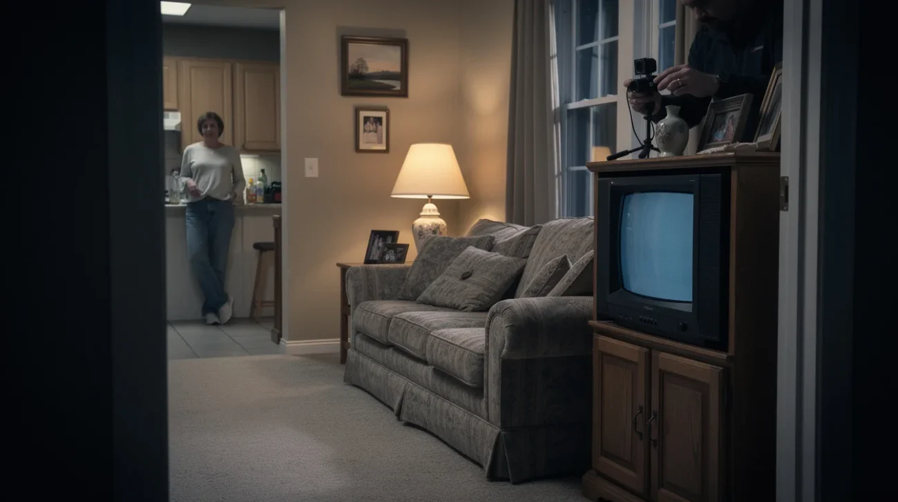 Editorial photograph of a staged early-2000s American suburban living room, beige carpet, patterned sofa, oak television.