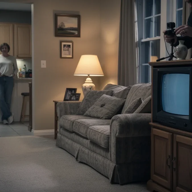 Editorial photograph of a staged early-2000s American suburban living room, beige carpet, patterned sofa, oak television.