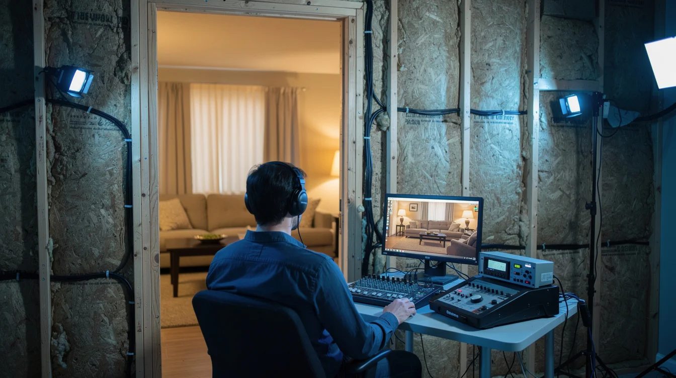 Editorial photograph from behind a recreated suburban living-room set wall, showing exposed timber framing, discreet camera.