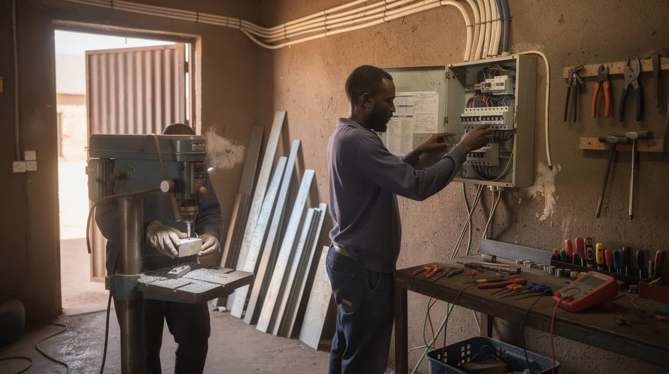 Editorial photograph inside a modest metalworking workshop in an Ethiopian regional town, an electrician checking.