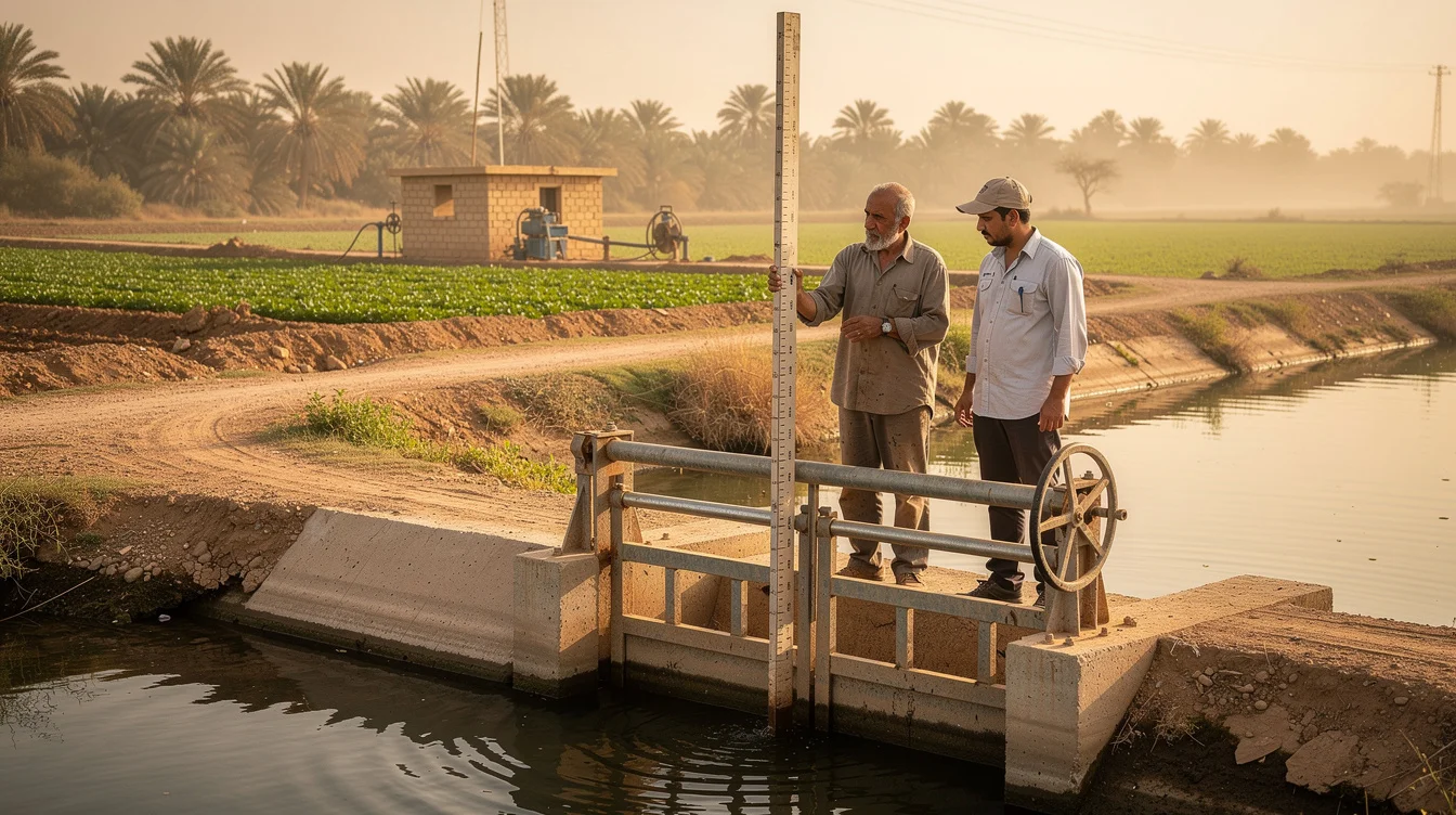 Editorial photograph beside an irrigation canal connected to the Nile in rural Egypt, a farmer.