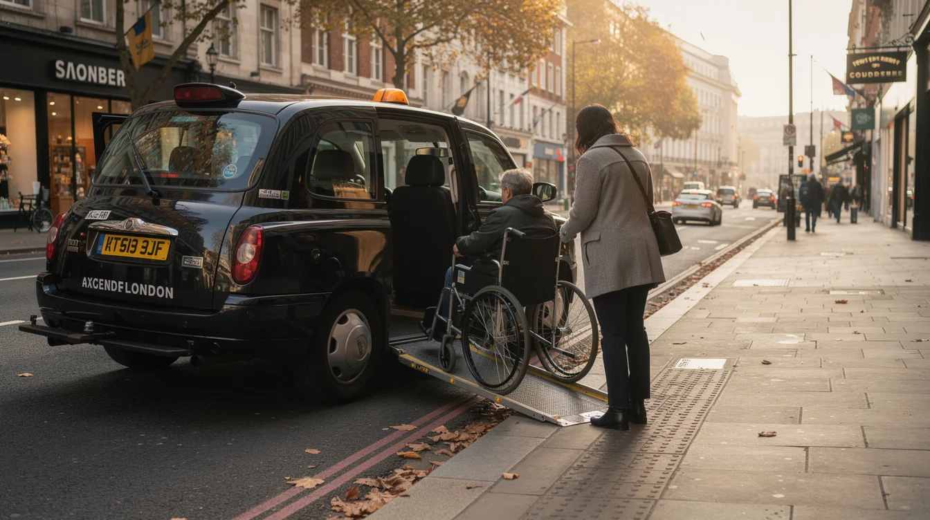 Documentary editorial photograph at a side-street approach to Oxford Street in central London: an accessible taxi.