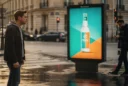 Illustrative editorial photograph inspired by Dysturb’s fictional beverage campaign in Paris: a pedestrian pauses beside.
