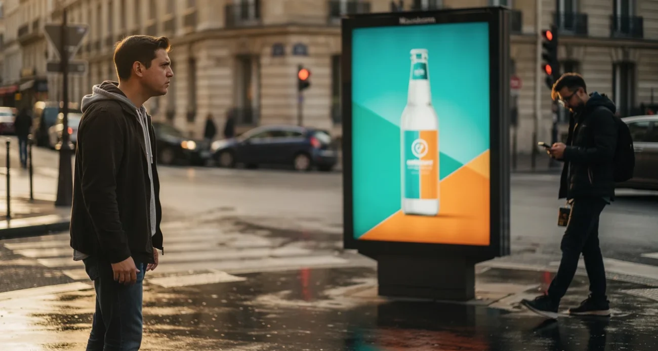 Illustrative editorial photograph inspired by Dysturb’s fictional beverage campaign in Paris: a pedestrian pauses beside.