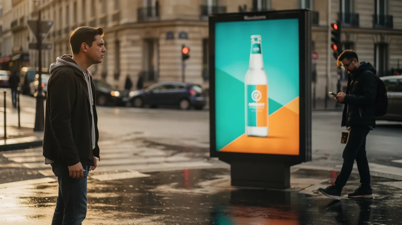 Illustrative editorial photograph inspired by Dysturb’s fictional beverage campaign in Paris: a pedestrian pauses beside.