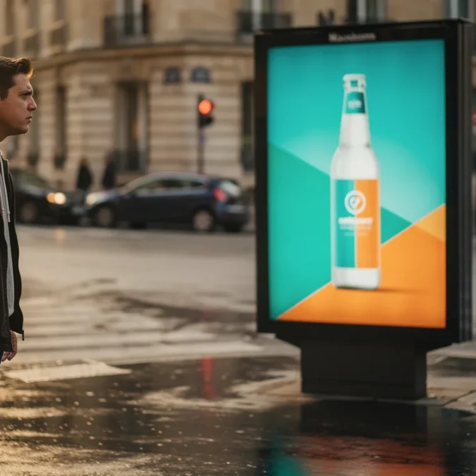 Illustrative editorial photograph inspired by Dysturb’s fictional beverage campaign in Paris: a pedestrian pauses beside.