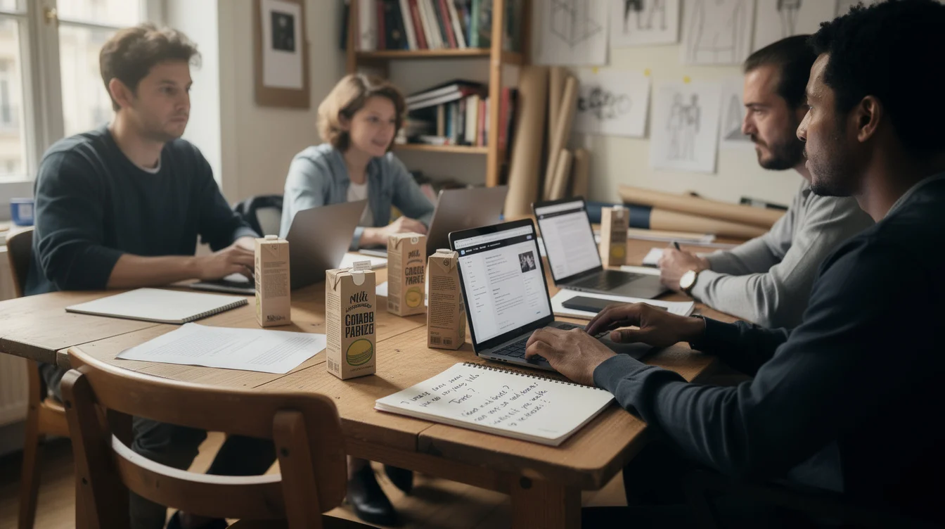 Editorial photograph of a small media-literacy workshop in a Paris design studio, an illustrative scene inspired.