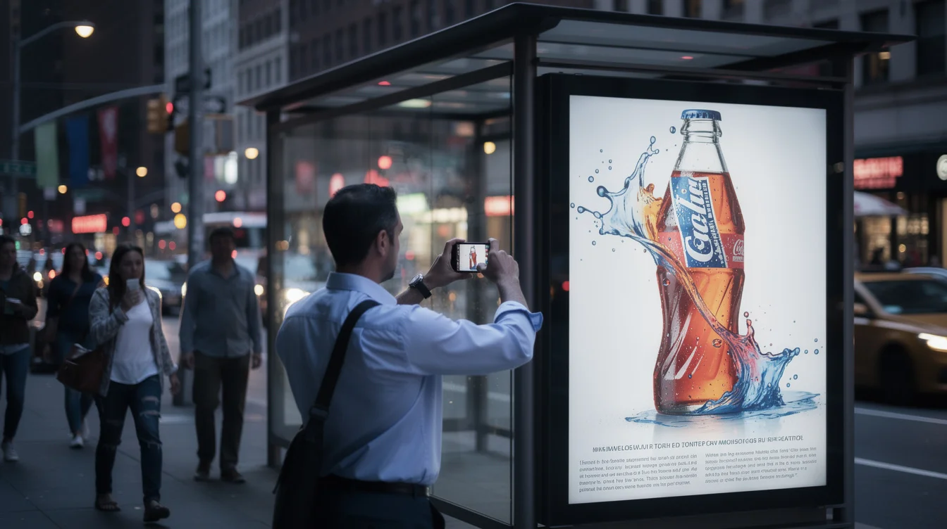 Illustrative editorial street photograph in New York examining how advertising loses context: a commuter photographs.