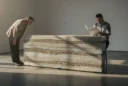 Editorial photograph of a staged collectible-design gallery, a sculptural console with intricate bands of sand.