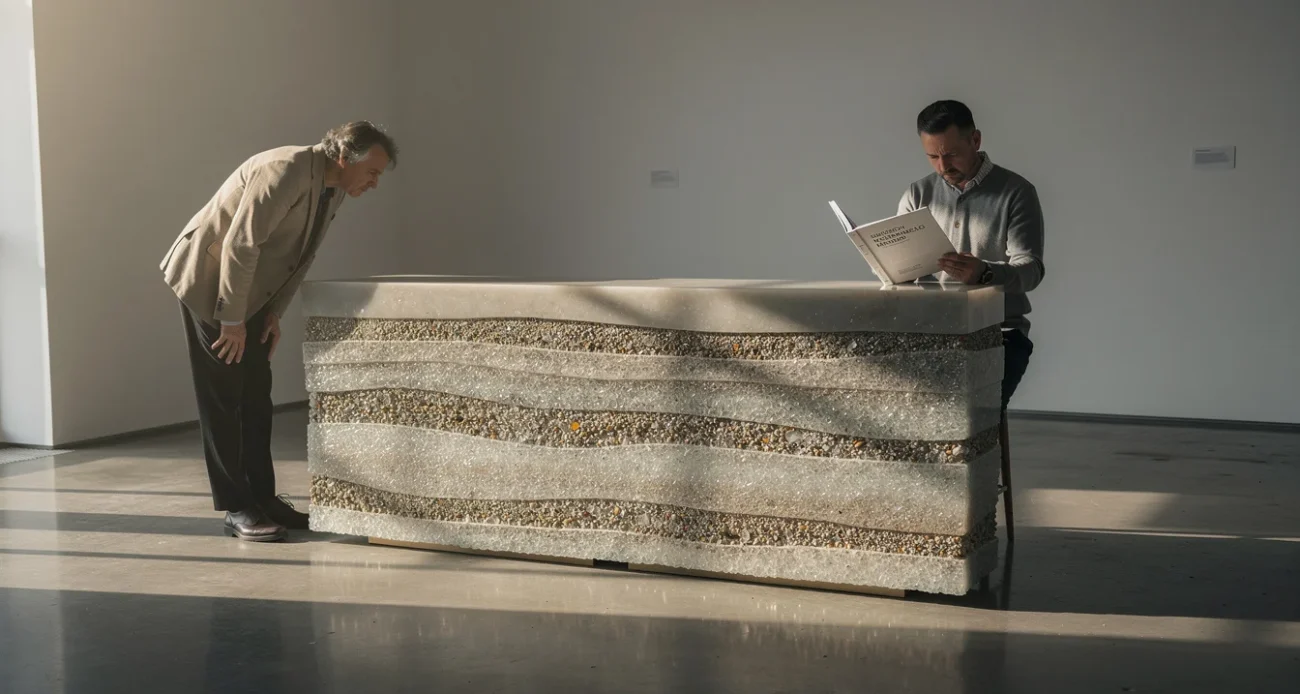 Editorial photograph of a staged collectible-design gallery, a sculptural console with intricate bands of sand.
