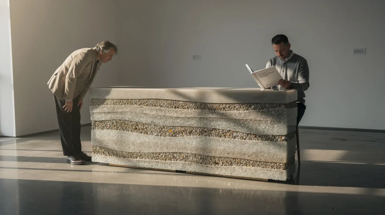 Editorial photograph of a staged collectible-design gallery, a sculptural console with intricate bands of sand.