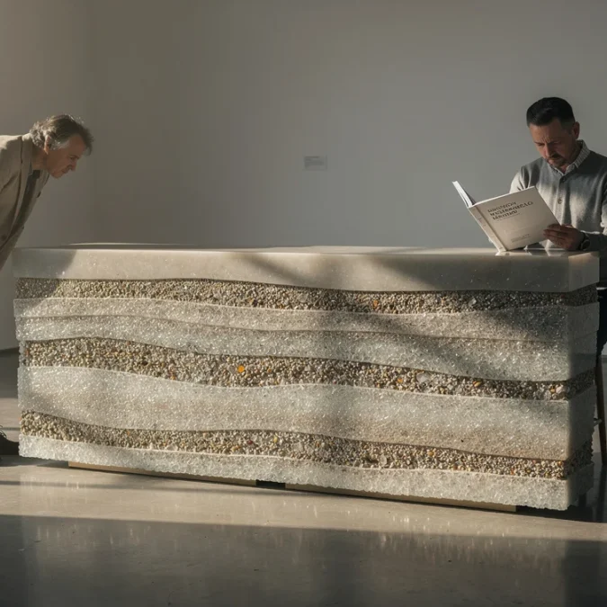 Editorial photograph of a staged collectible-design gallery, a sculptural console with intricate bands of sand.