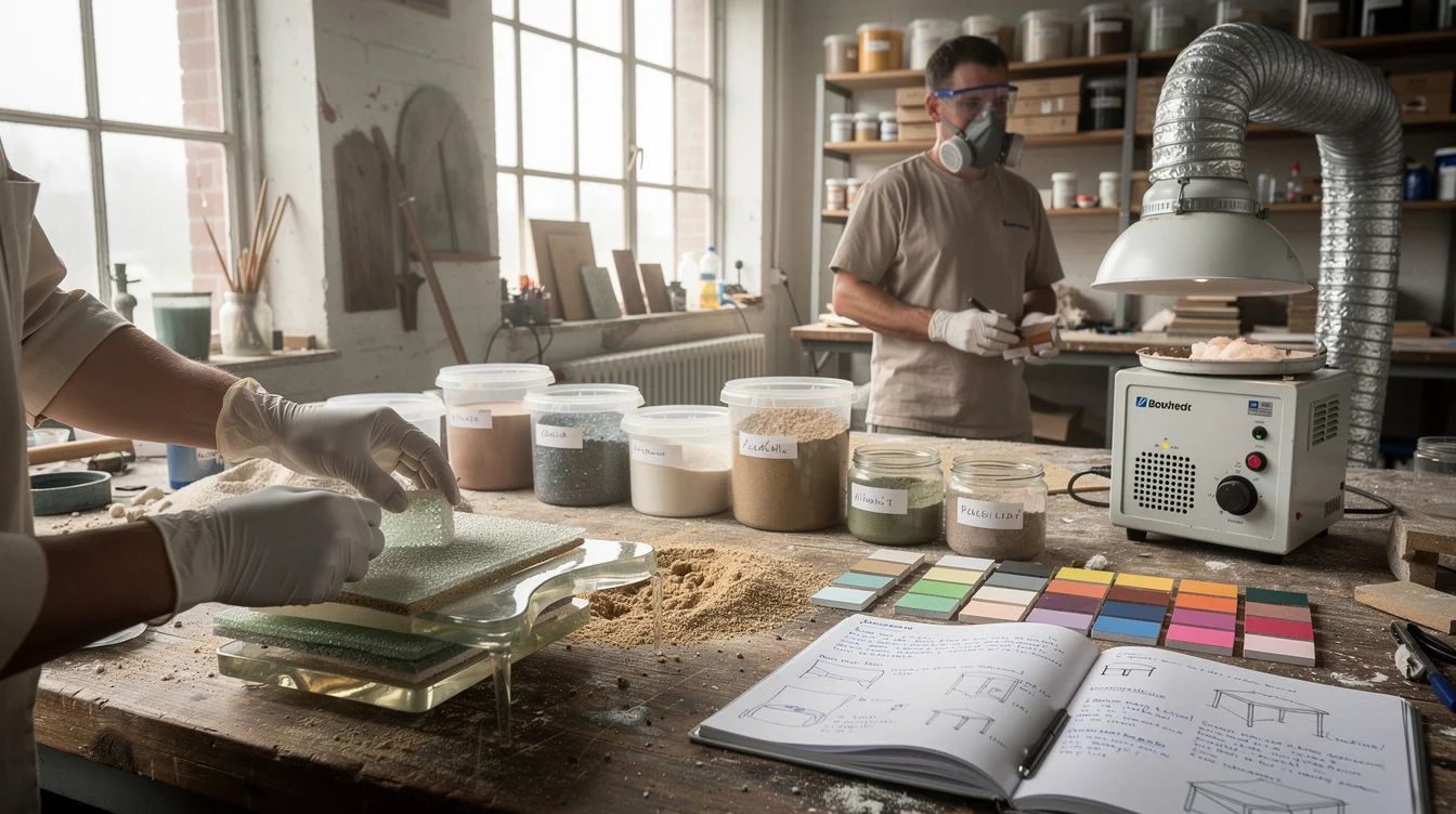 Editorial photograph inside a working material studio: gloved hands arrange layered sand and powdered-glass samples beside.