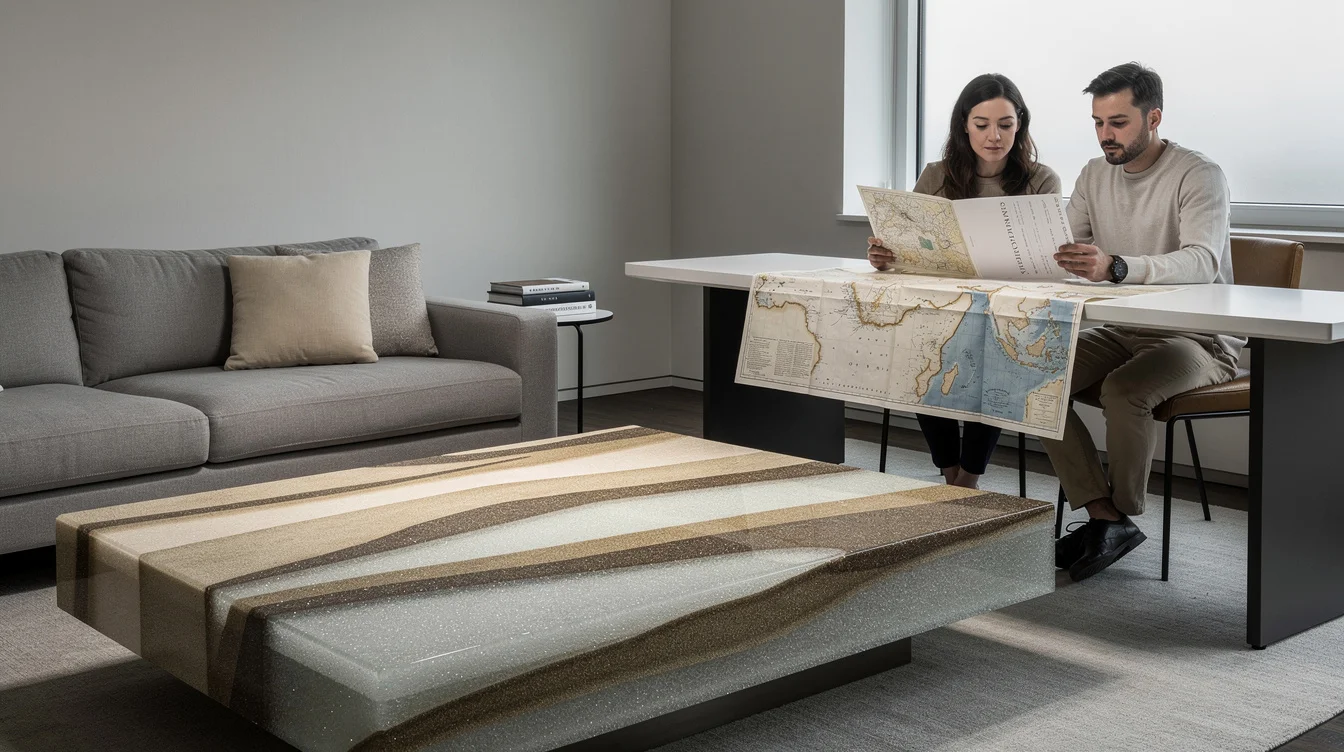 Editorial photograph of a staged contemporary living room containing a landscape-inspired collectible table with bands.