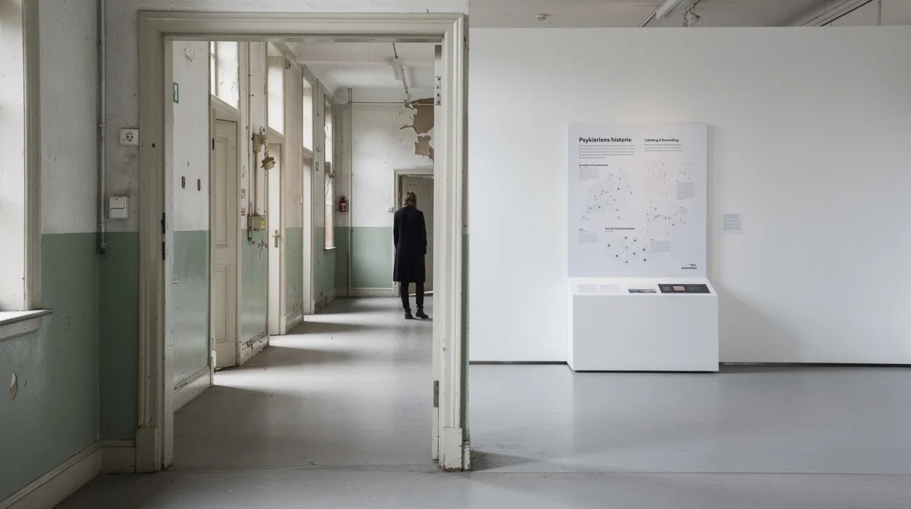 Editorial photograph exploring psychiatric heritage in Denmark: a visitor pauses at the doorway between a retained.