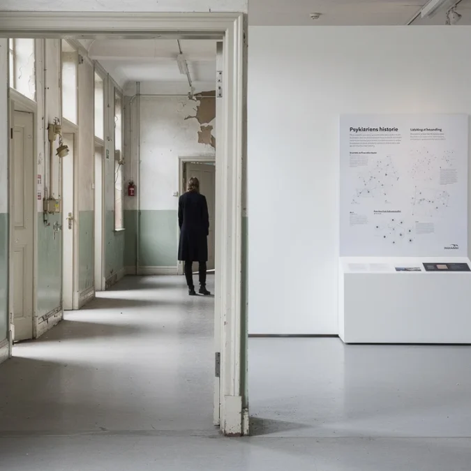 Editorial photograph exploring psychiatric heritage in Denmark: a visitor pauses at the doorway between a retained.