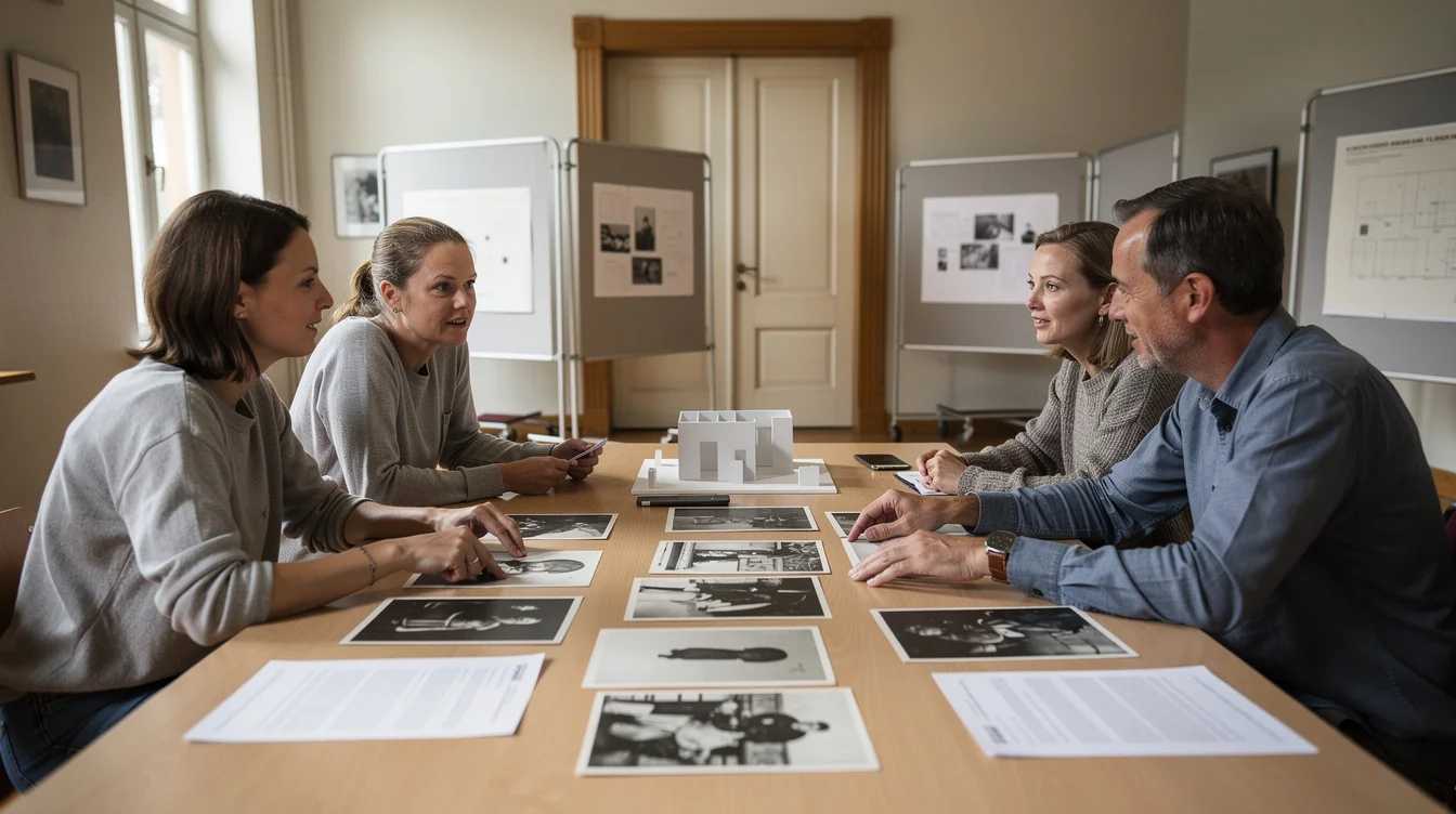 Editorial photograph of an exhibition-planning session in a Danish psychiatric-history museum setting, illustrating participatory interpretation. Four.