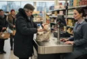 Editorial photograph inside an ordinary Finnish supermarket, inspired by the K-Citymarket slow-checkout story, not a reconstruction.