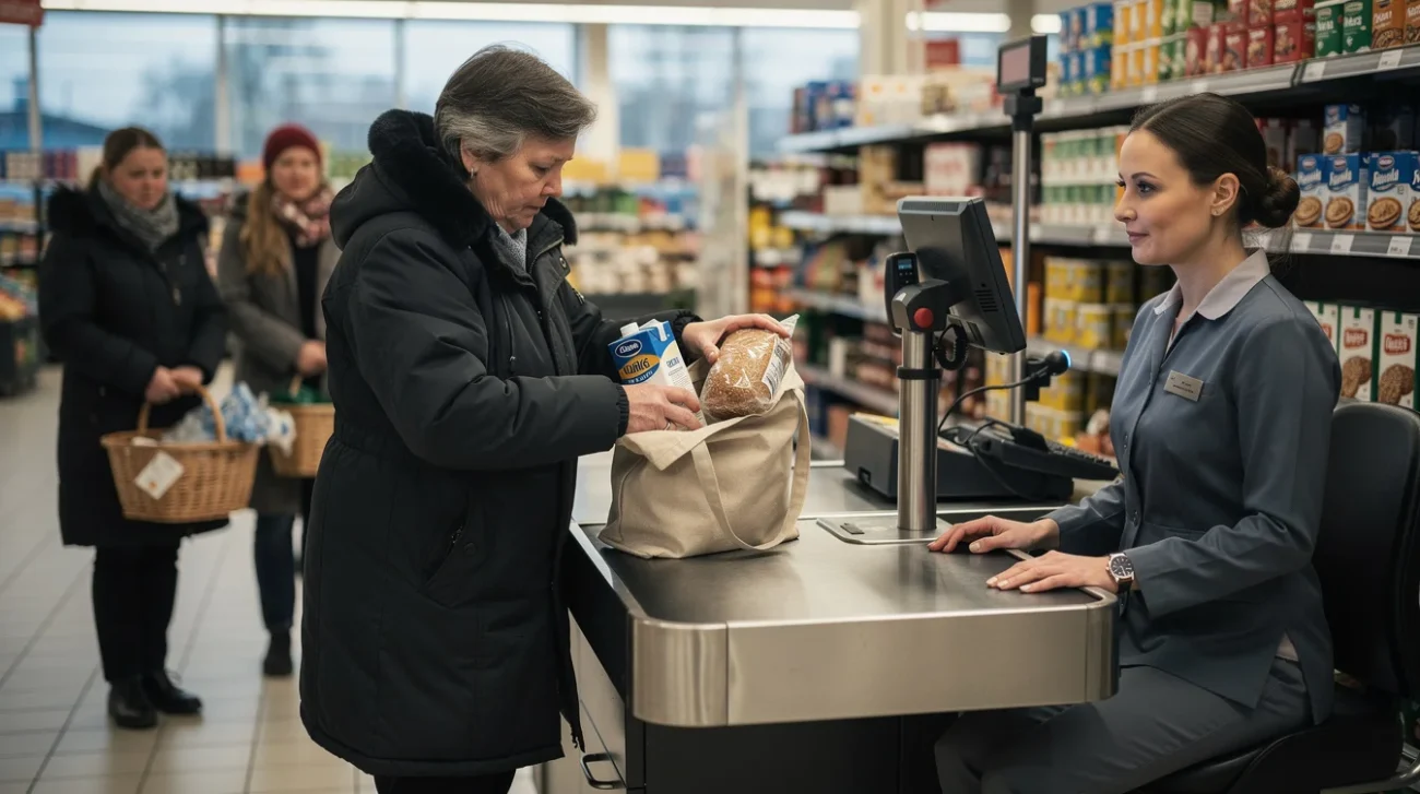Editorial photograph inside an ordinary Finnish supermarket, inspired by the K-Citymarket slow-checkout story, not a reconstruction.