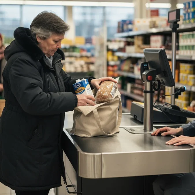 Editorial photograph inside an ordinary Finnish supermarket, inspired by the K-Citymarket slow-checkout story, not a reconstruction.
