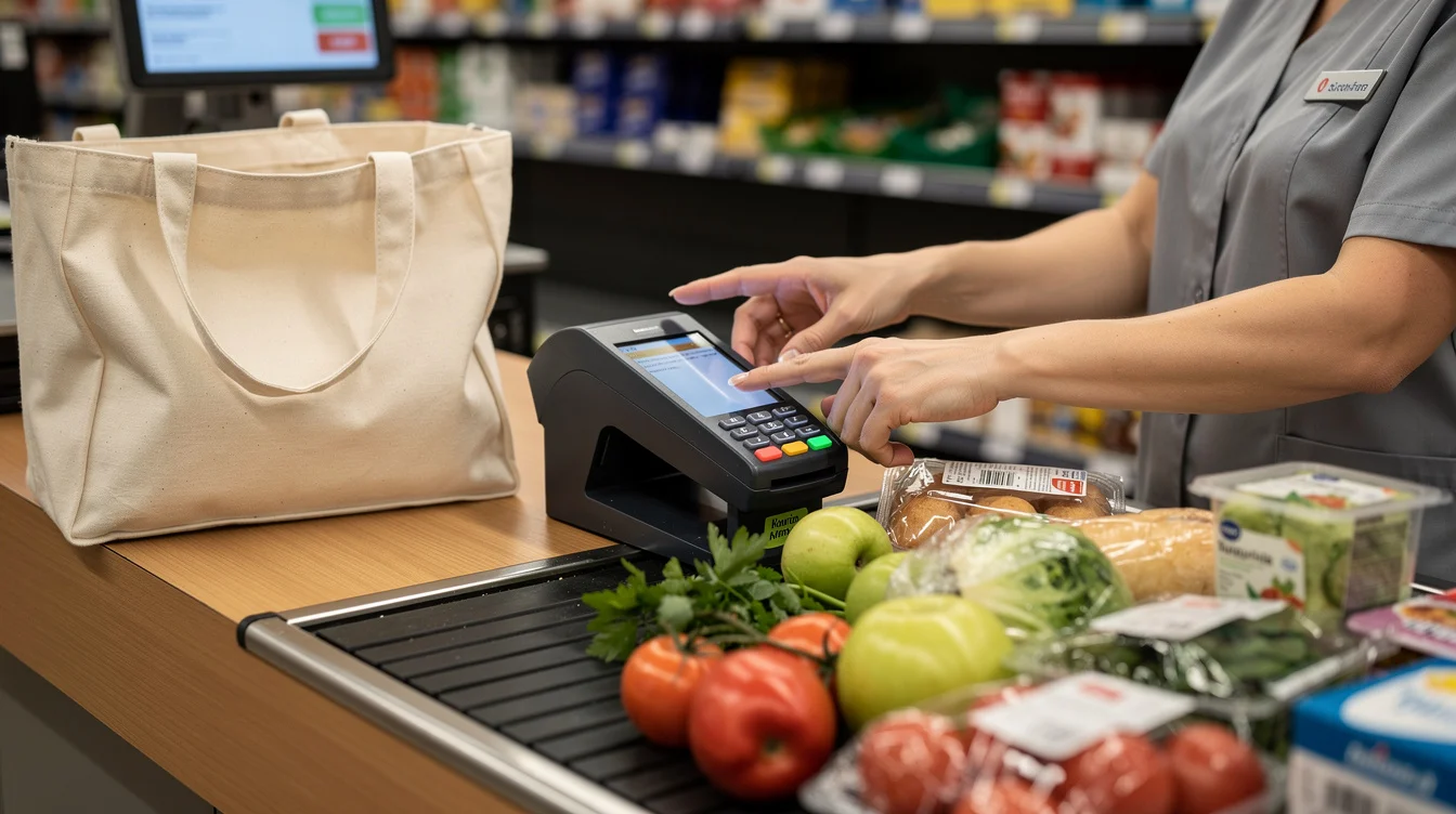 Close editorial photograph of a checkout interaction in a Finnish supermarket: a shopper pauses to read.