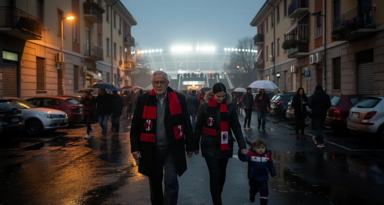 Editorial photograph in Milan’s San Siro district on an autumn football evening: supporters in red-and-black scarves.
