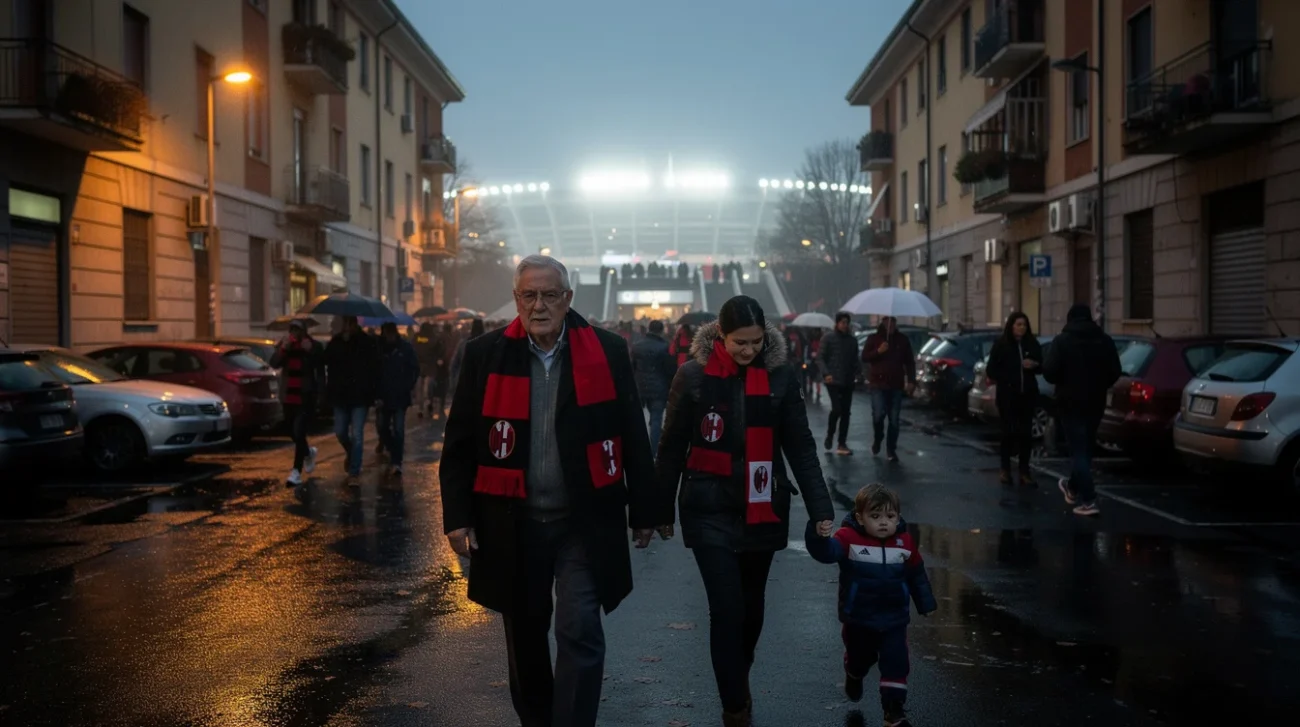 Editorial photograph in Milan’s San Siro district on an autumn football evening: supporters in red-and-black scarves.