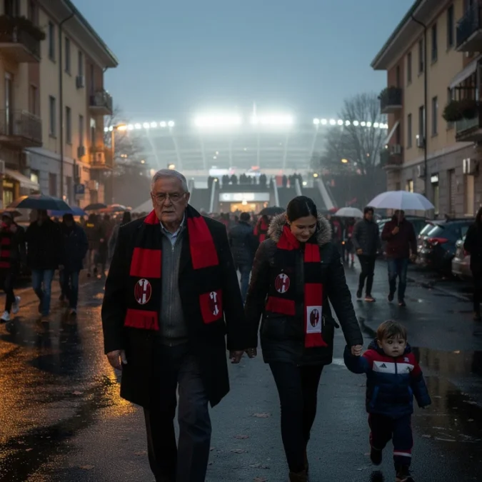 Editorial photograph in Milan’s San Siro district on an autumn football evening: supporters in red-and-black scarves.
