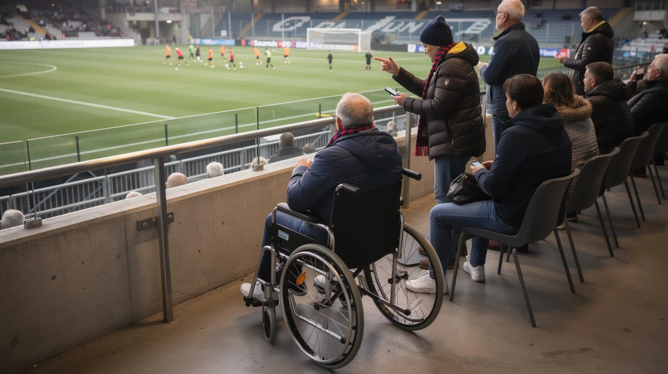Editorial photograph inside a contemporary football ground in northern Italy, showing a wheelchair user and companion.