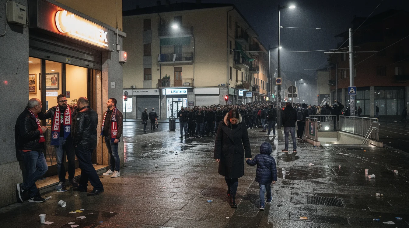 Editorial street photograph in Milan’s San Siro district after a night match: a dense but orderly.
