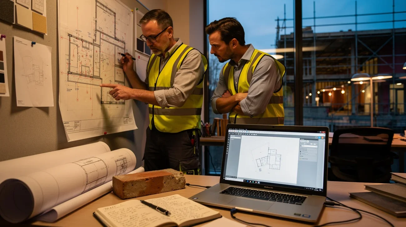 Editorial photograph inside a working British architecture studio at dusk: an architect and contractor debate.