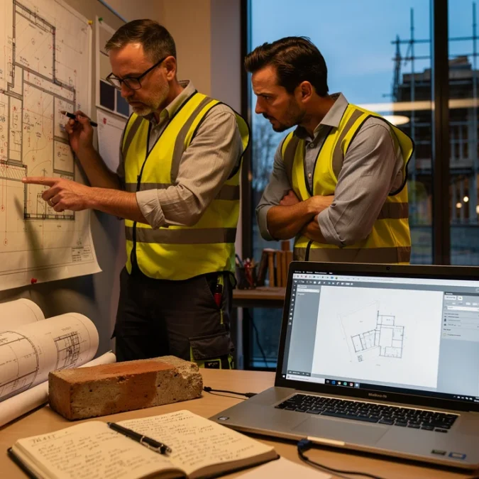 Editorial photograph inside a working British architecture studio at dusk: an architect and contractor debate.