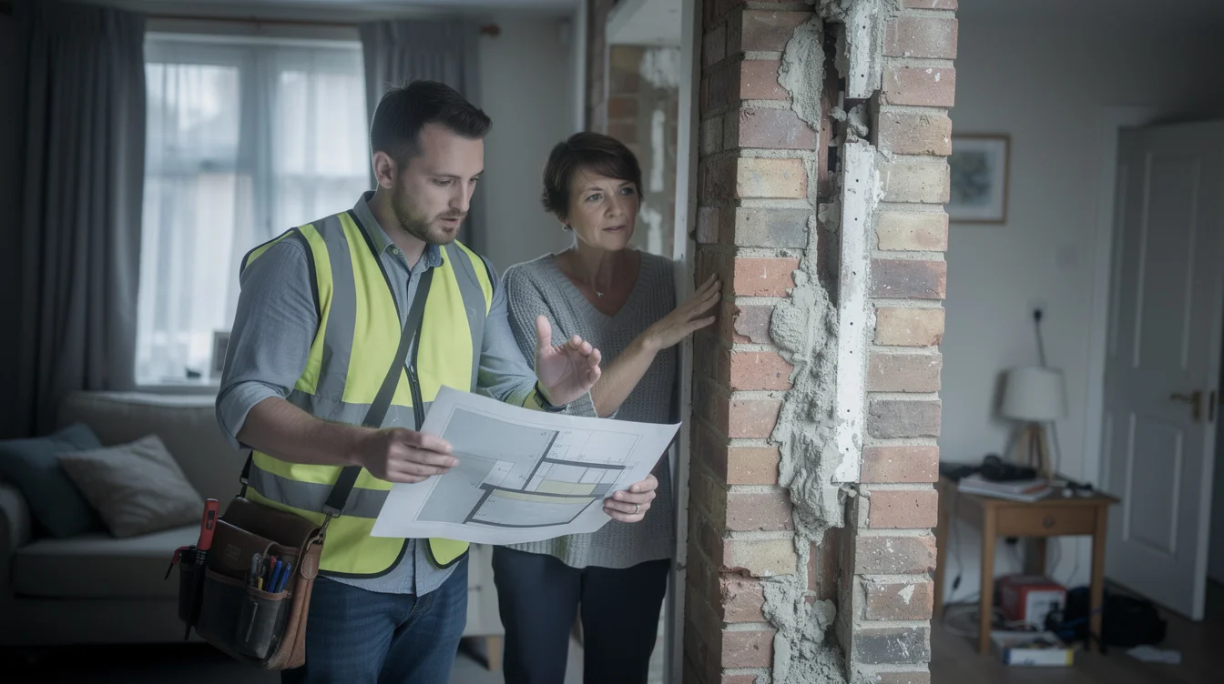 Editorial photograph of an architect, resident and building surveyor inspecting an occupied brick housing retrofit.