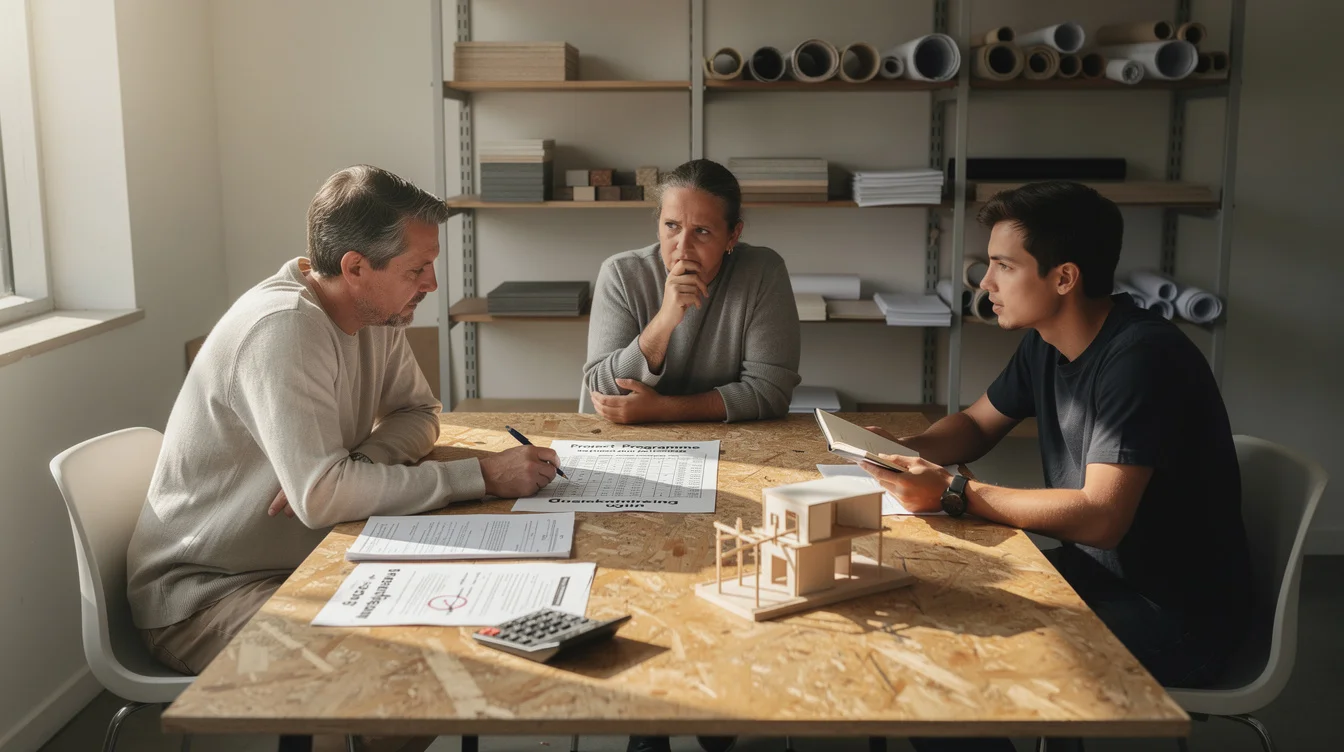 Editorial photograph of a fee negotiation in a modest architecture practice: a client and two architects.