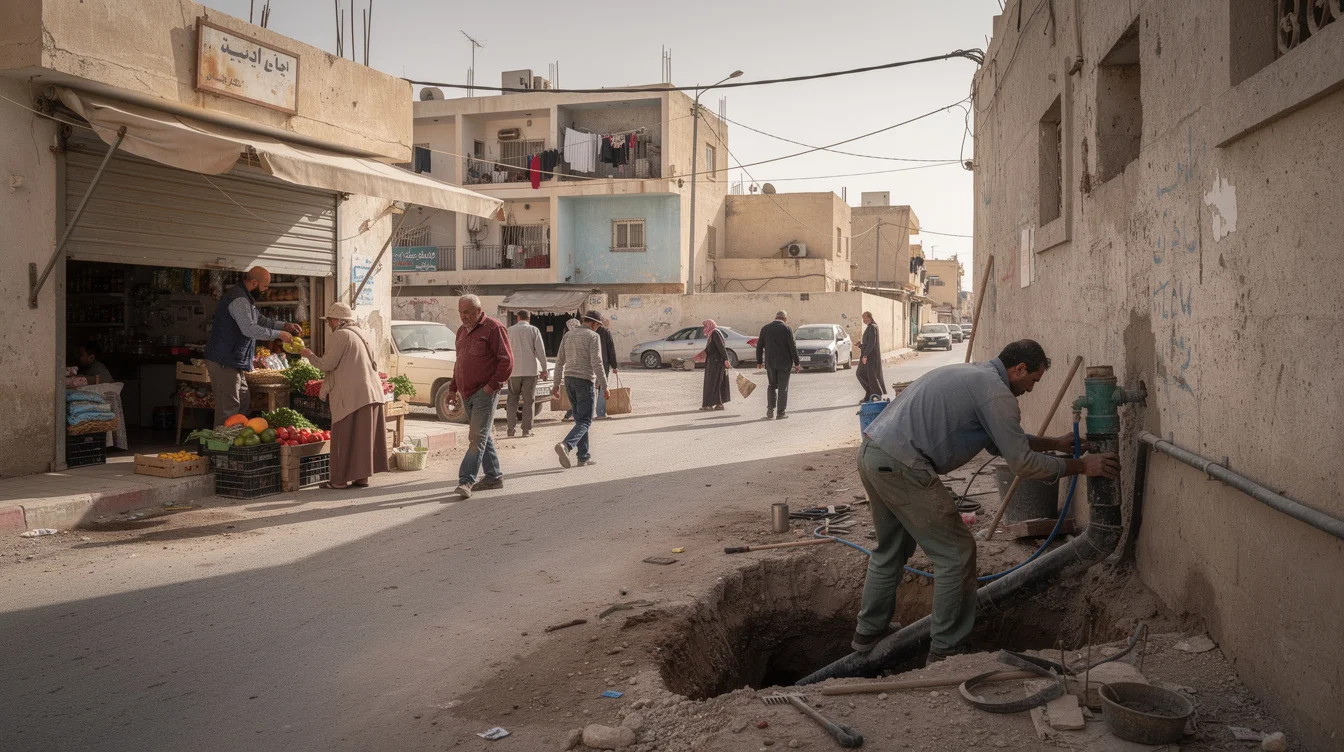 Documentary editorial photograph of everyday infrastructure maintenance in a refugee-hosting neighbourhood in northern Jordan. A local.