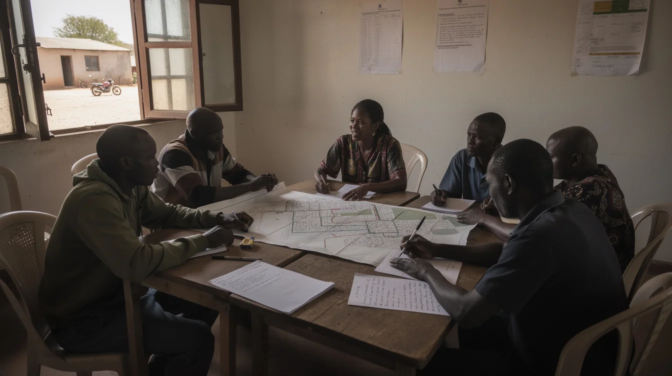 Editorial photograph inside a modest community meeting room in a refugee-hosting town in northern Kenya. Adult.