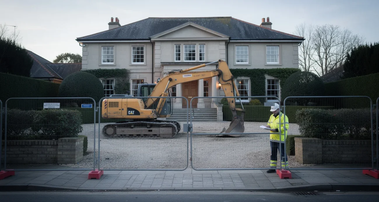 Editorial photograph of a large, apparently well-maintained mansion behind temporary construction fencing, a tracked excavator parked.