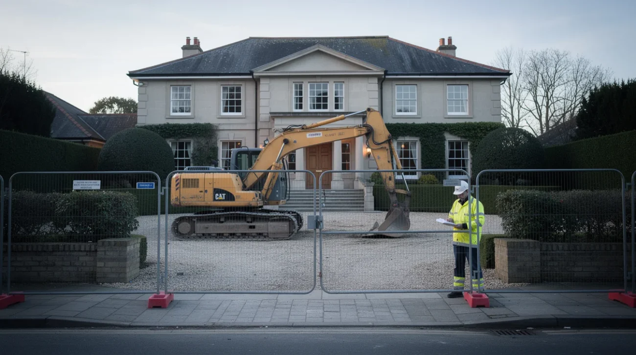 Editorial photograph of a large, apparently well-maintained mansion behind temporary construction fencing, a tracked excavator parked.