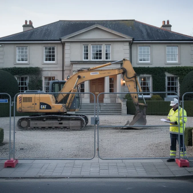 Editorial photograph of a large, apparently well-maintained mansion behind temporary construction fencing, a tracked excavator parked.