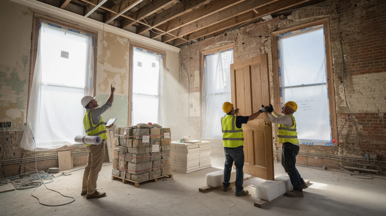 Editorial photograph of a mansion undergoing careful adaptation rather than clearance. Two construction workers lift.