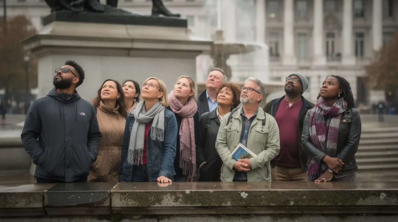 Editorial photograph in Trafalgar Square, London, on an overcast autumn afternoon: a diverse group of visitors.