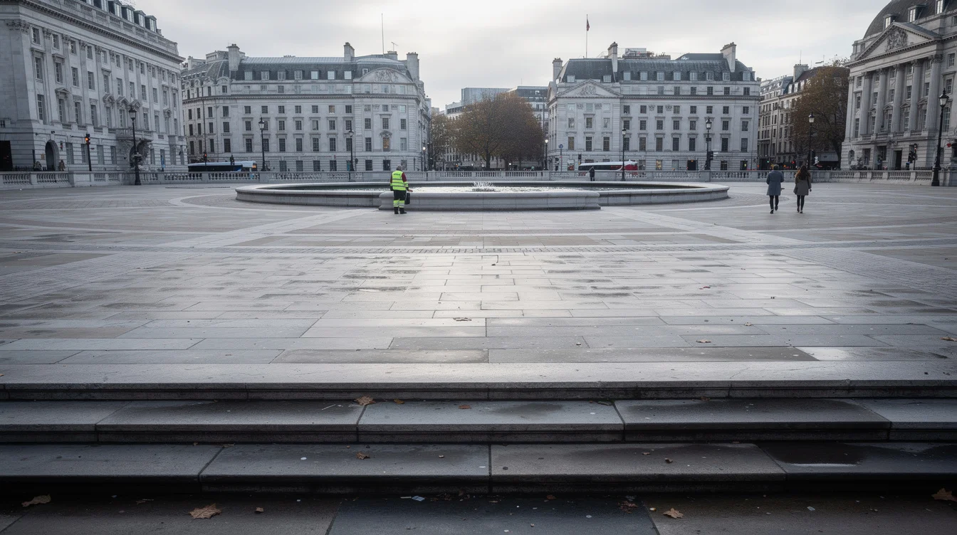 Editorial photograph across Trafalgar Square’s stone terraces in London at early morning, showing the measured relationship.