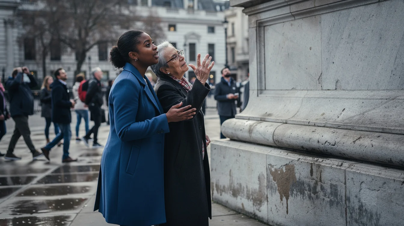 Street-level editorial photograph in Trafalgar Square, London, during a busy afternoon: a young Black woman.